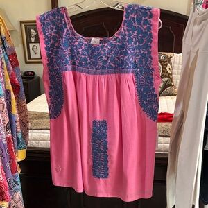 Pink Sleeveless Embroidered Cotton Top with Blue Floral Detail